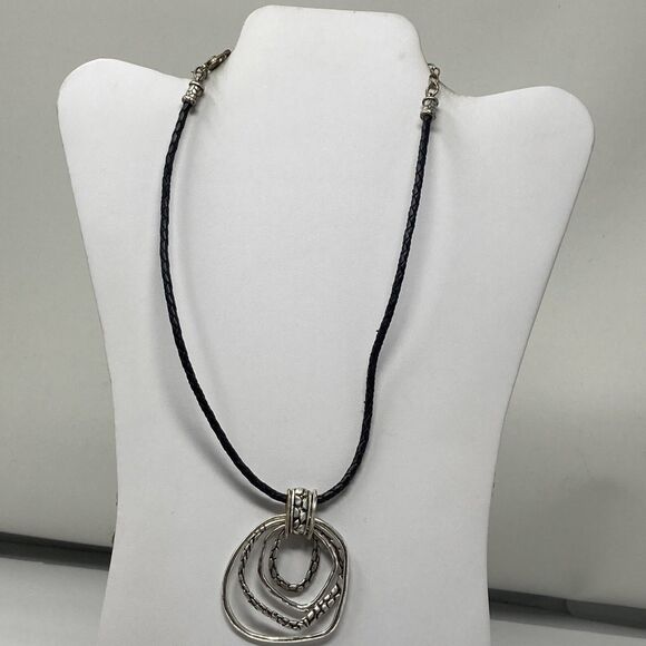 CHICO'S Necklace Concentric Open Irregular Round Textured Silver Tone Black Cord - Picture 6 of 7